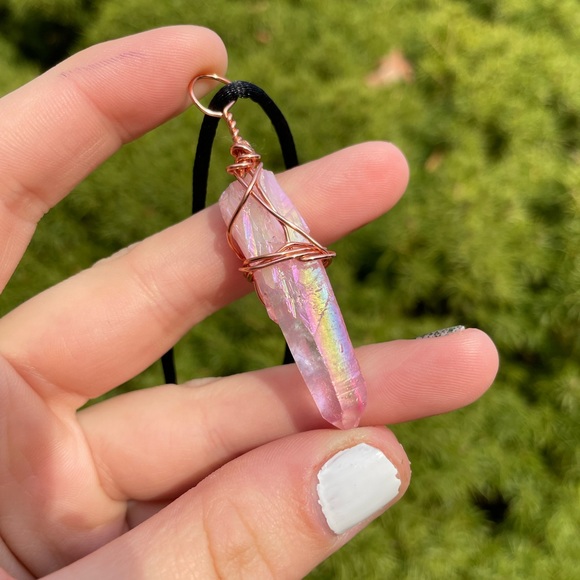 Hand Crafted Jewelry - Pink Aura Quartz Natural Point Wire Wrapped Necklace Hand Crafted